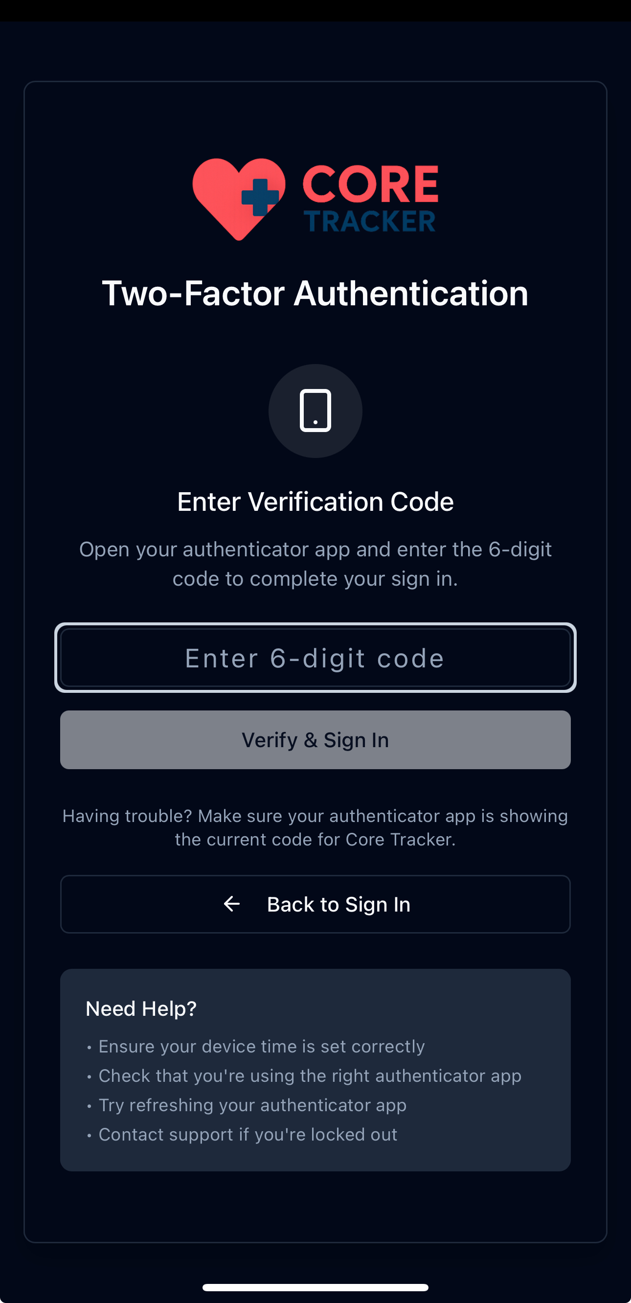 MFA Code Entry Screen