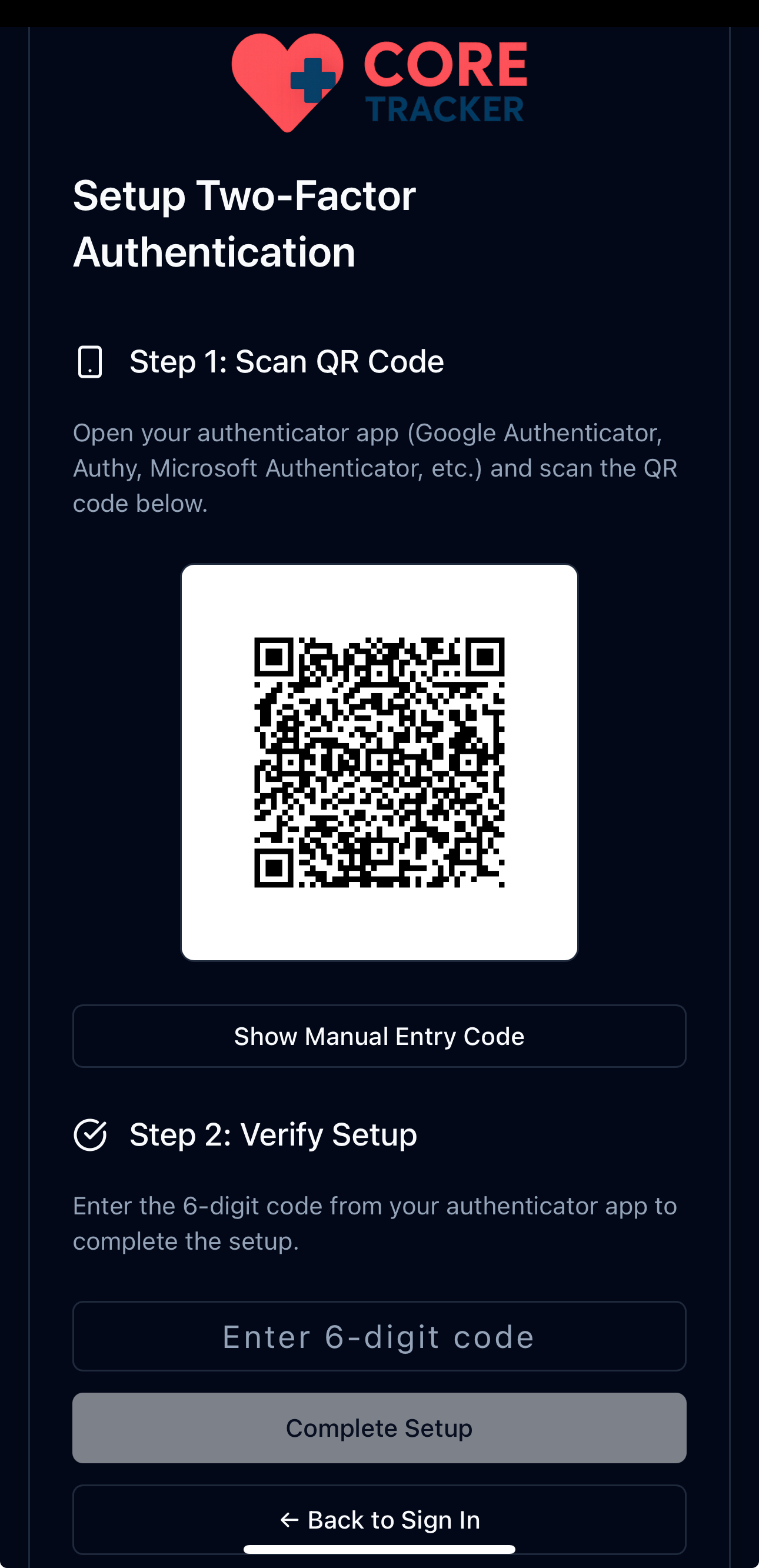 MFA Setup Screen